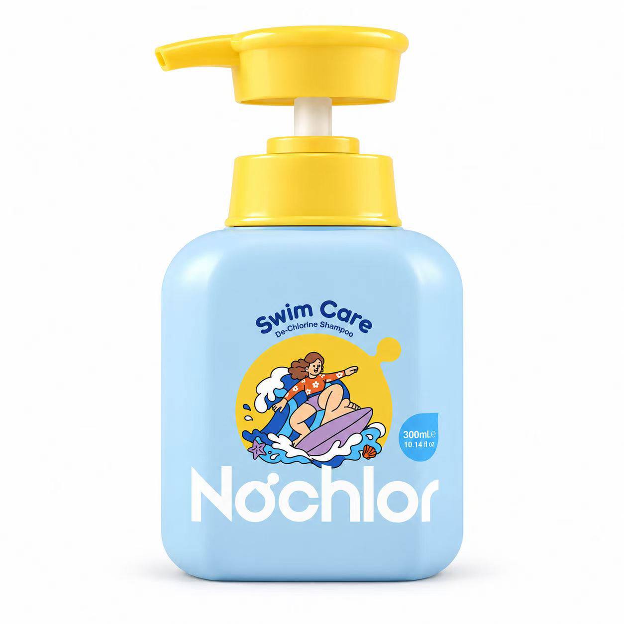 Nochlor Swim Care De-chlorine Shampoo, 300 mL bottle with a yellow pump and surfer illustration