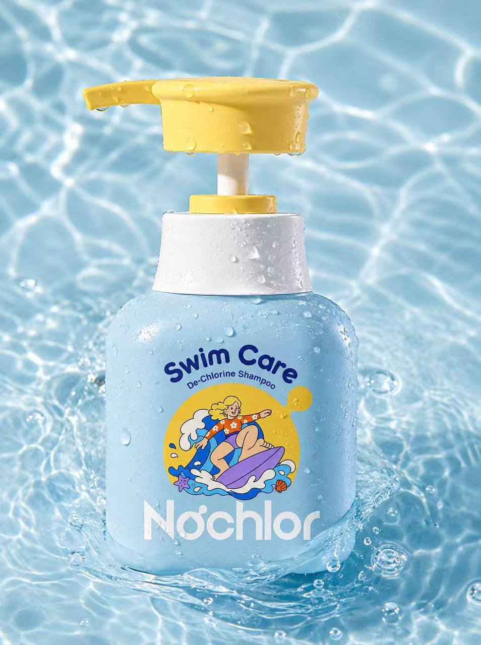 Nochlor Swim Care shampoo with a yellow pump, surrounded by splashing blue water
